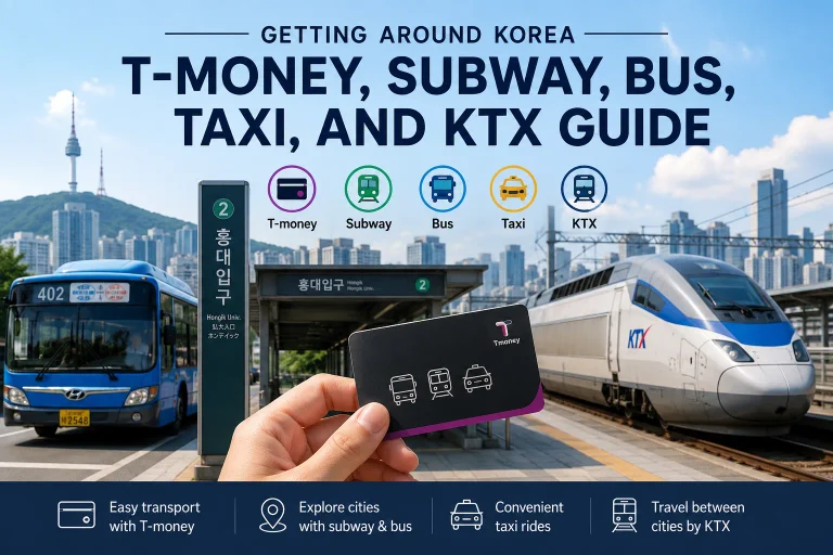 Korea transportation guide showing T-money, subway, bus, taxi, and KTX