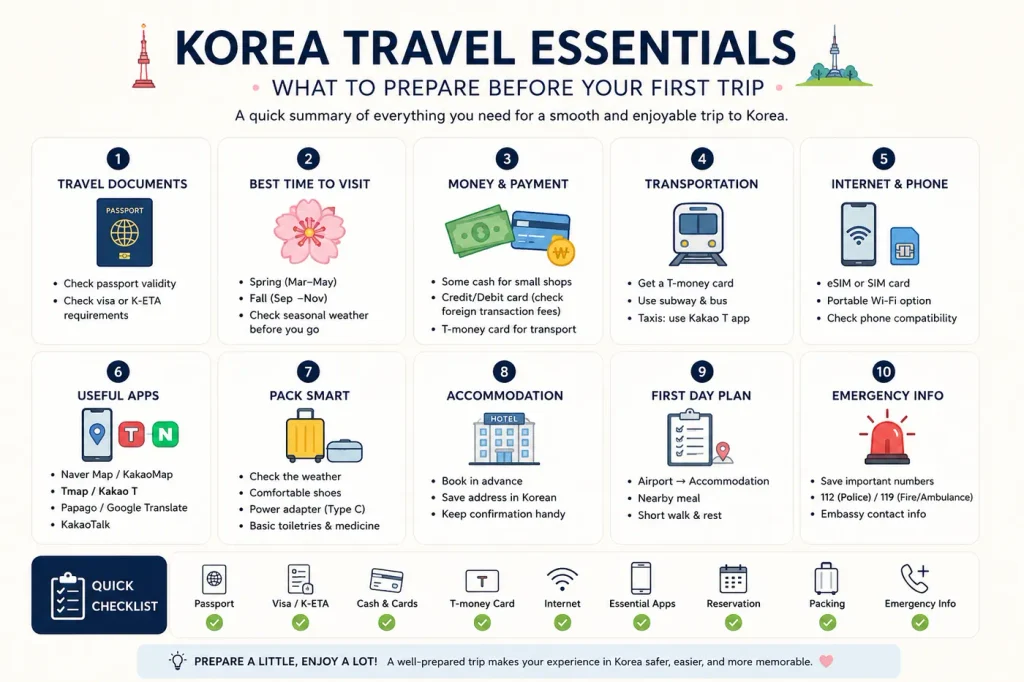 Korea travel essentials checklist covering travel documents, seasons, money, transportation, internet, apps, packing, accommodation, and emergency information