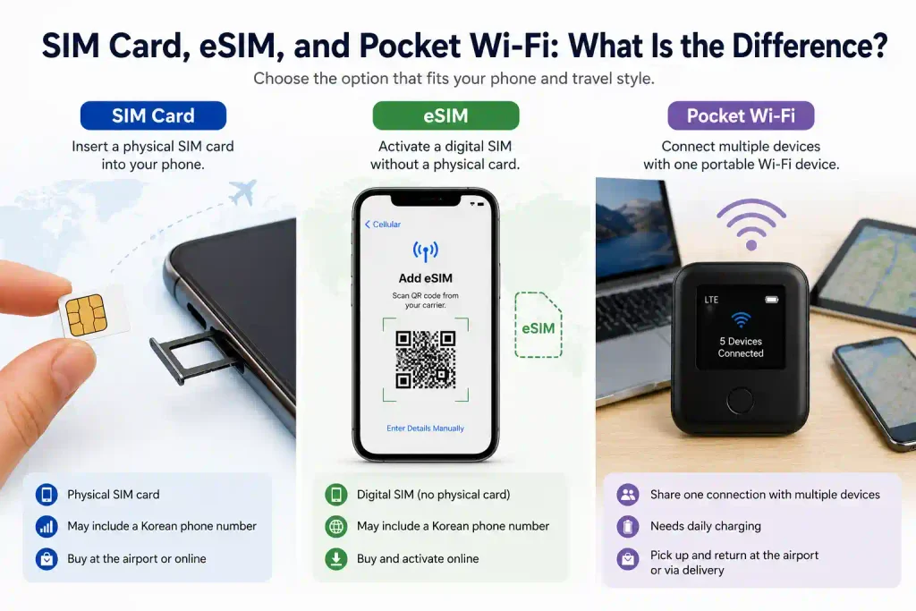 SIM card, eSIM, and Pocket Wi-Fi comparison