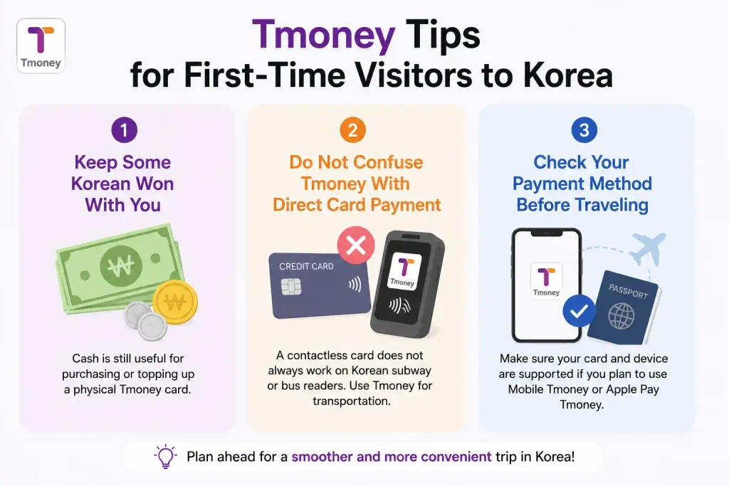 Tmoney tips for first-time visitors to Korea, including cash, direct card payment, and checking payment methods