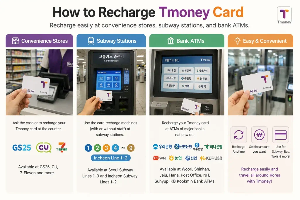 How to recharge a Tmoney card at convenience stores, subway stations, and bank ATMs in Korea